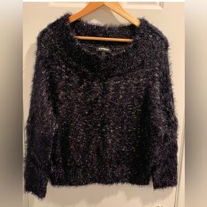 Express Off The Shoulder Women’s Fuzzy Eyelash Sweater w/ Thumbholes Size SP BLk